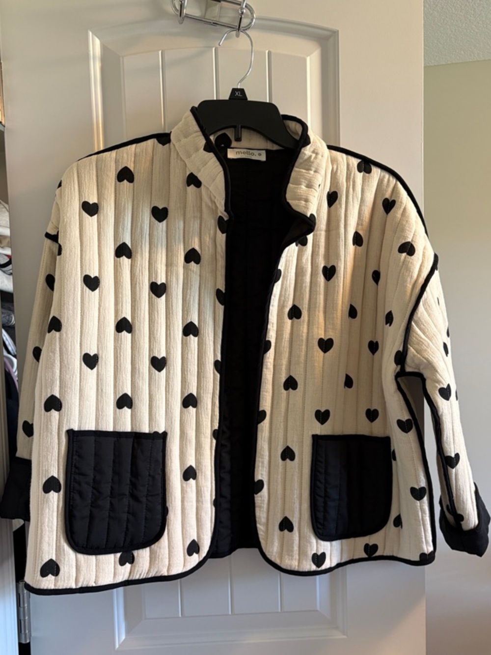 Ivory Quilted Heart Jacket with Black Trim